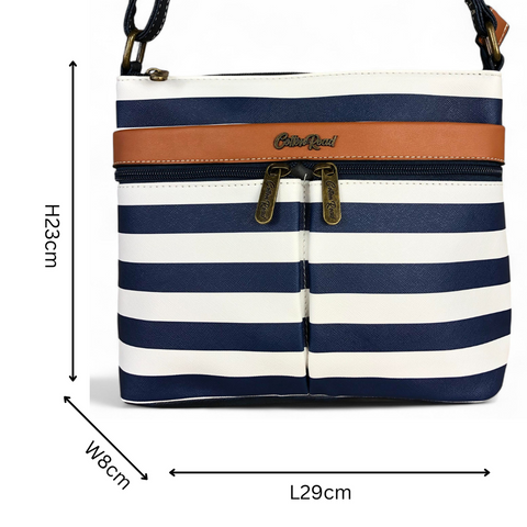 Cotton Road NAVY BLUE and WHITE PVC Sling Bag with STRIPES and TAN Trim detailing