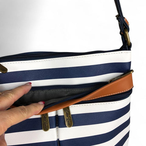 Cotton Road NAVY BLUE and WHITE PVC Sling Bag with STRIPES and TAN Trim detailing