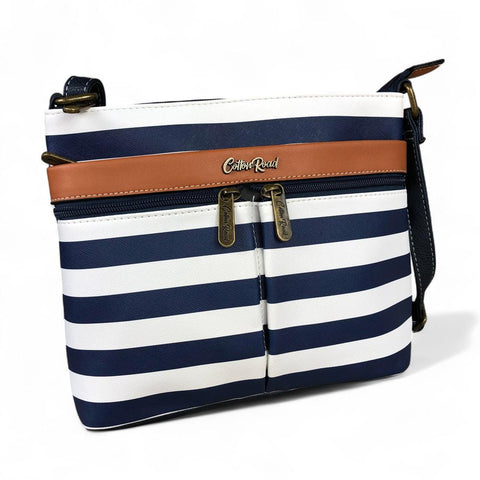 Cotton Road NAVY BLUE and WHITE PVC Sling Bag with STRIPES and TAN Trim detailing