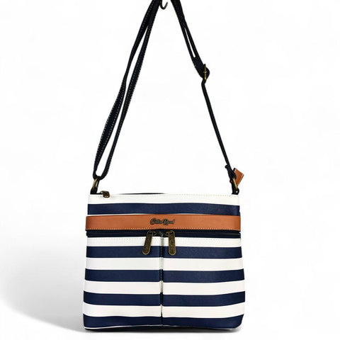 Cotton Road NAVY BLUE and WHITE PVC Sling Bag with STRIPES and TAN Trim detailing