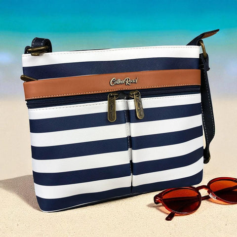 Cotton Road NAVY BLUE and WHITE PVC Sling Bag with STRIPES and TAN Trim detailing