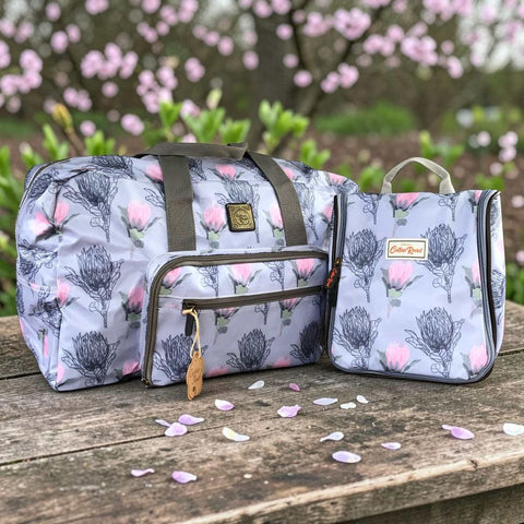 Cotton Road Protea Travel Bag: BLUE Protea Design Weekender with matching Vanity Bag