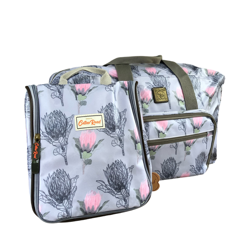 Cotton Road Protea Travel Bag: BLUE Protea Design Weekender with matching Vanity Bag