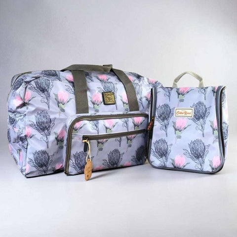 Cotton Road Protea Travel Bag: BLUE Protea Design Weekender with matching Vanity Bag