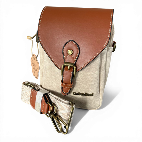 Cotton Road Sling Bag: BEIGE PU Leather Mini Sling with TAN Flap