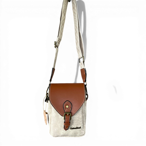 Cotton Road Sling Bag: BEIGE PU Leather Mini Sling with TAN Flap