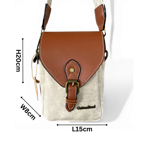 Cotton Road Sling Bag: BEIGE PU Leather Mini Sling with TAN Flap