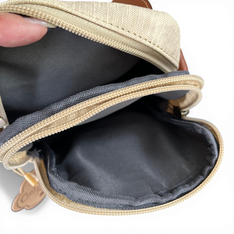 Cotton Road Sling Bag: BEIGE PU Leather Mini Sling with TAN Flap