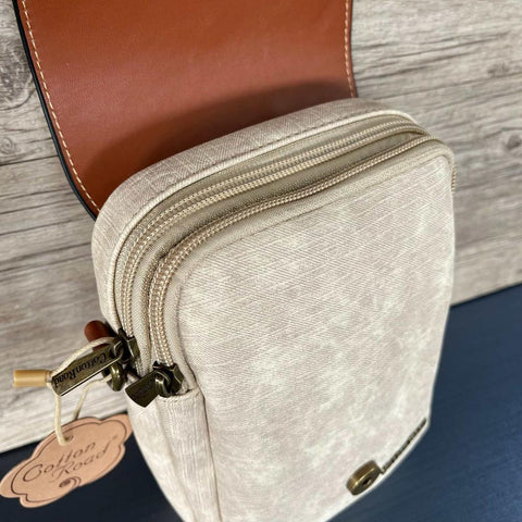 Cotton Road Sling Bag: BEIGE PU Leather Mini Sling with TAN Flap