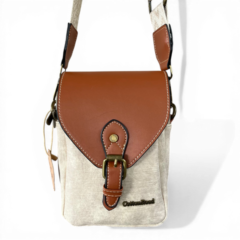 Cotton Road Sling Bag: BEIGE PU Leather Mini Sling with TAN Flap