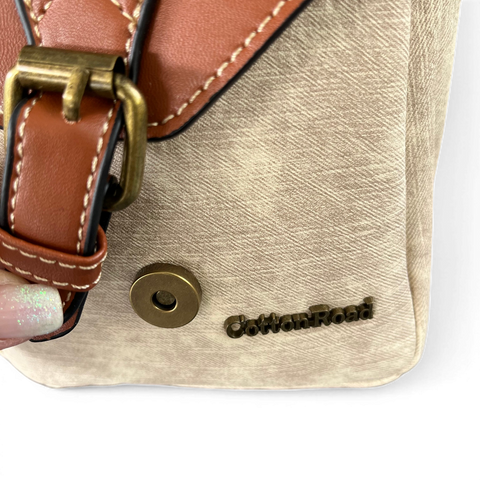 Cotton Road Sling Bag: BEIGE PU Leather Mini Sling with TAN Flap