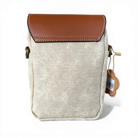 Cotton Road Sling Bag: BEIGE PU Leather Mini Sling with TAN Flap