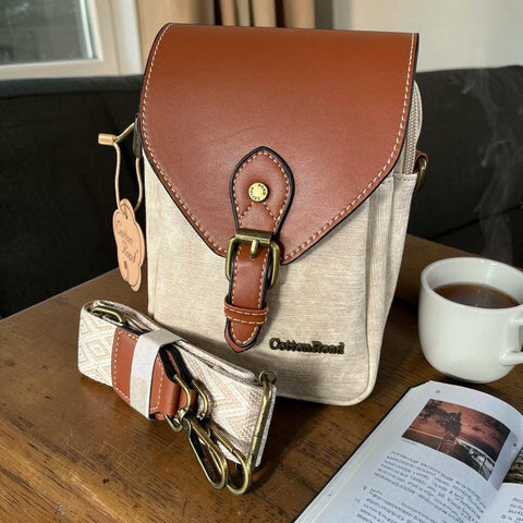 Cotton Road Sling Bag: BEIGE PU Leather Mini Sling with TAN Flap