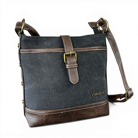 Cotton Road Sling Bag: BLACK Canvas with Brown PU Leather Trim