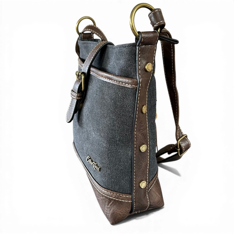 Cotton Road Sling Bag: BLACK Canvas with Brown PU Leather Trim