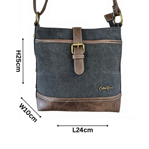 Cotton Road Sling Bag: BLACK Canvas with Brown PU Leather Trim