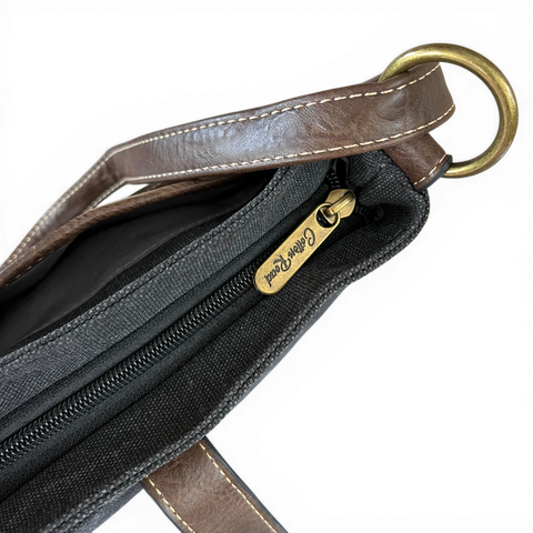 Cotton Road Sling Bag: BLACK Canvas with Brown PU Leather Trim