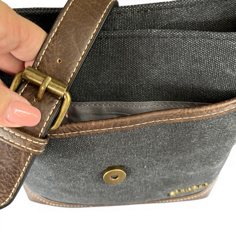 Cotton Road Sling Bag: BLACK Canvas with Brown PU Leather Trim