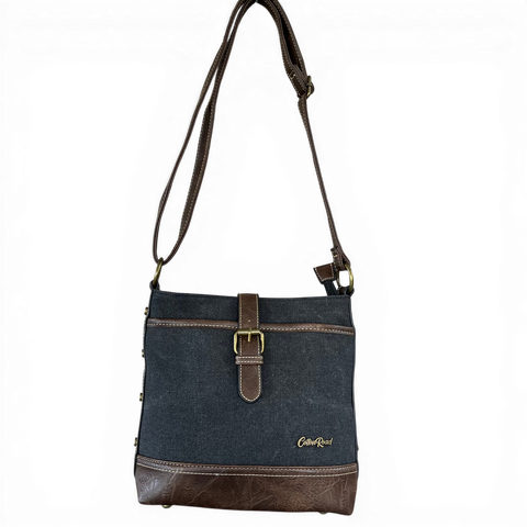 Cotton Road Sling Bag: BLACK Canvas with Brown PU Leather Trim