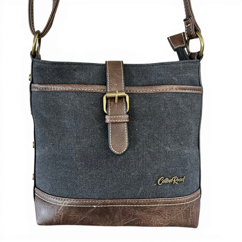 Cotton Road Sling Bag: BLACK Canvas with Brown PU Leather Trim
