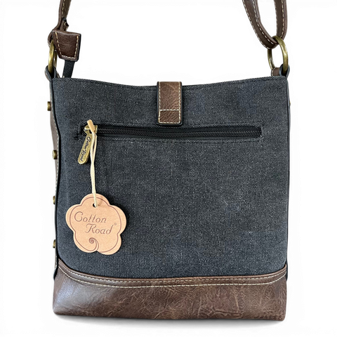 Cotton Road Sling Bag: BLACK Canvas with Brown PU Leather Trim