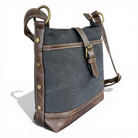 Cotton Road Sling Bag: BLACK Canvas with Brown PU Leather Trim