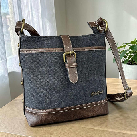 Cotton Road Sling Bag: BLACK Canvas with Brown PU Leather Trim