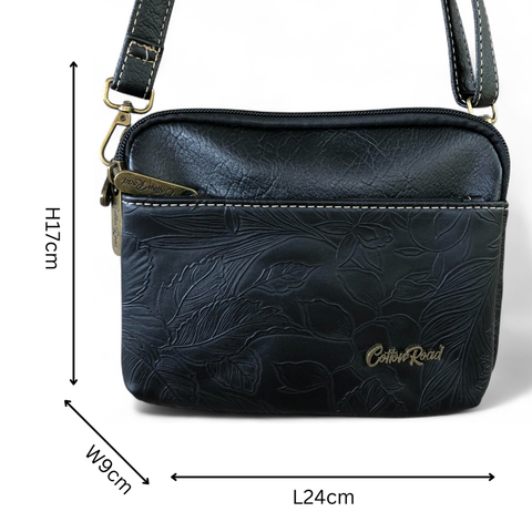 Cotton Road Sling Bag: BLACK EMBOSSED FLORAL PU Leather Mini Sling Bag