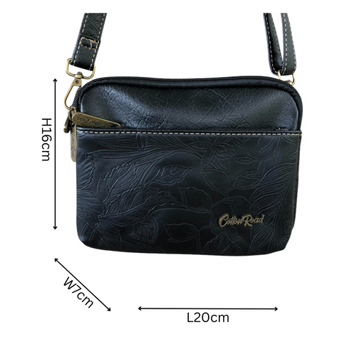 Cotton Road Sling Bag: BLACK EMBOSSED FLORAL PU Leather Mini Sling Bag