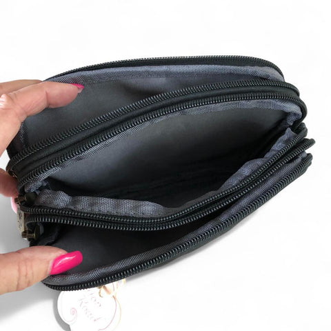 Cotton Road Sling Bag: BLACK EMBOSSED FLORAL PU Leather Mini Sling Bag