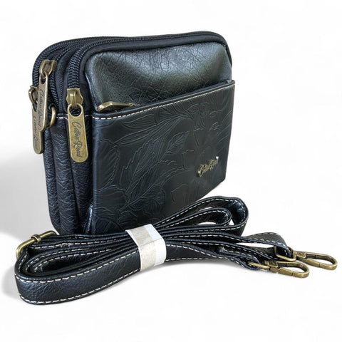 Cotton Road Sling Bag: BLACK EMBOSSED FLORAL PU Leather Mini Sling Bag
