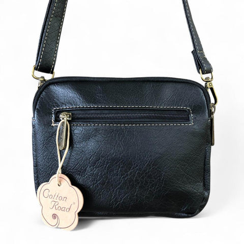 Cotton Road Sling Bag: BLACK EMBOSSED FLORAL PU Leather Mini Sling Bag