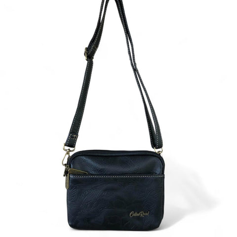 Cotton Road Sling Bag: BLACK EMBOSSED FLORAL PU Leather Mini Sling Bag