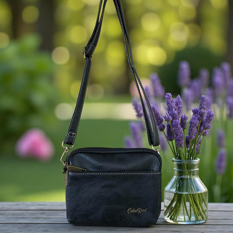 Cotton Road Sling Bag: BLACK EMBOSSED FLORAL PU Leather Mini Sling Bag