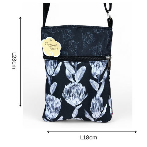 Cotton Road Sling Bag: BLACK FLORAL Canvas Mini Sling Bag with PROTEAS