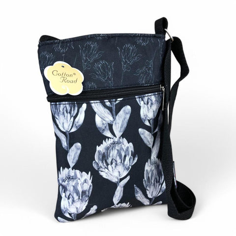 Cotton Road Sling Bag: BLACK FLORAL Canvas Mini Sling Bag with PROTEAS