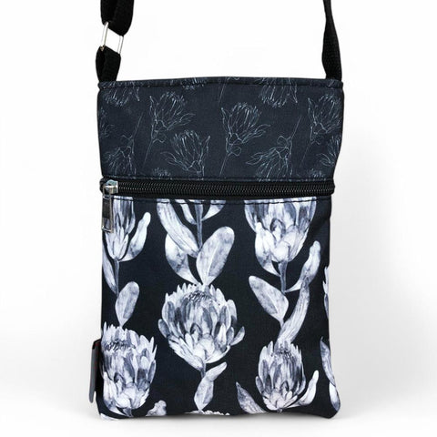 Cotton Road Sling Bag: BLACK FLORAL Canvas Mini Sling Bag with PROTEAS