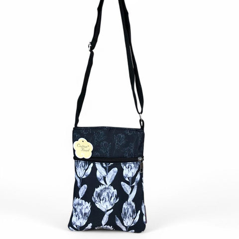 Cotton Road Sling Bag: BLACK FLORAL Canvas Mini Sling Bag with PROTEAS