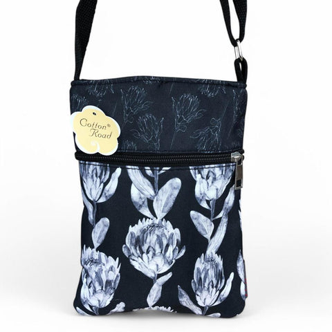 Cotton Road Sling Bag: BLACK FLORAL Canvas Mini Sling Bag with PROTEAS