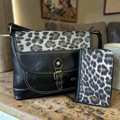 Cotton Road Sling Bag: BLACK Leopard Design PU Leather Bag with Matching Wallet