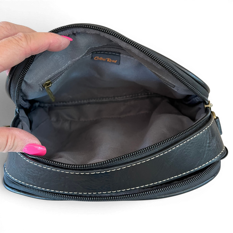 Cotton Road Sling Bag black PU leather crossbody with embroidered Protea and branded strap
