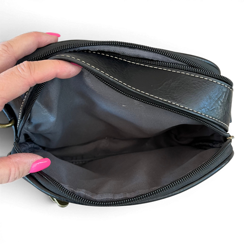 Cotton Road Sling Bag black PU leather crossbody with embroidered Protea and branded strap