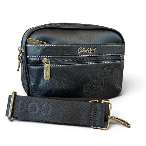 Cotton Road Sling Bag black PU leather crossbody with embroidered Protea and branded strap