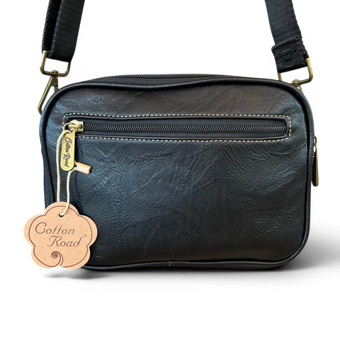 Cotton Road Sling Bag black PU leather crossbody with embroidered Protea and branded strap