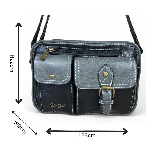 Cotton Road Sling Bag: BLACK PU Leather Bag with GREY Trim and Buckle detailing