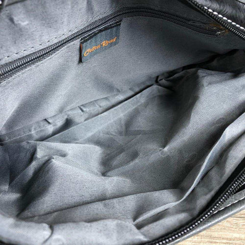 Cotton Road Sling Bag: BLACK PU Leather Bag with GREY Trim and Buckle detailing