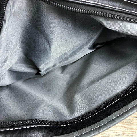 Cotton Road Sling Bag: BLACK PU Leather Bag with GREY Trim and Buckle detailing