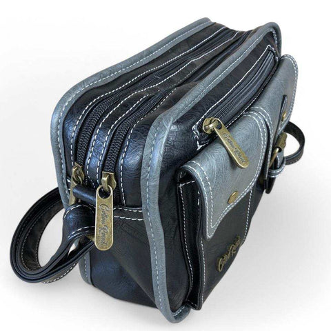 Cotton Road Sling Bag: BLACK PU Leather Bag with GREY Trim and Buckle detailing