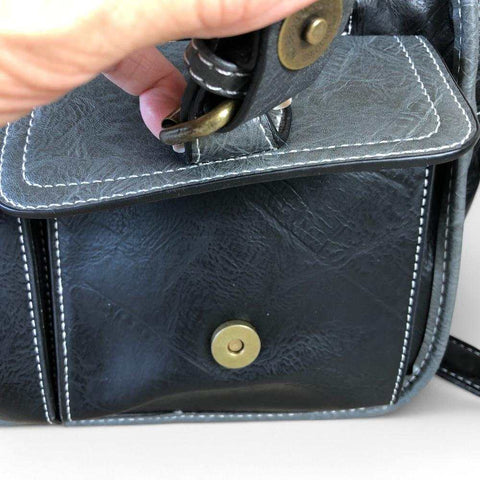 Cotton Road Sling Bag: BLACK PU Leather Bag with GREY Trim and Buckle detailing