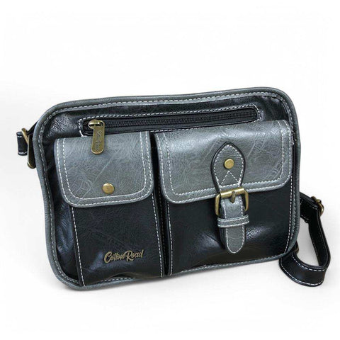 Cotton Road Sling Bag: BLACK PU Leather Bag with GREY Trim and Buckle detailing
